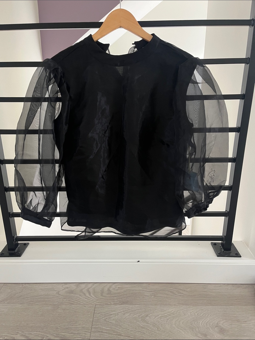 CeCe Black Sheer Puff-Sleeve Blouse
